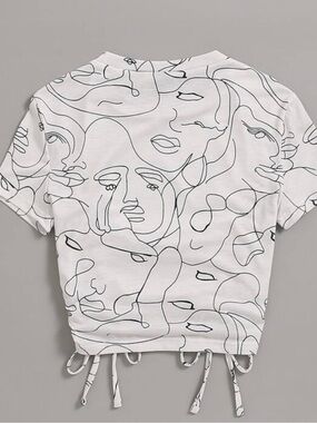 SHEIN White Abstract Line-Drawn Face Drawstring Crop Tee